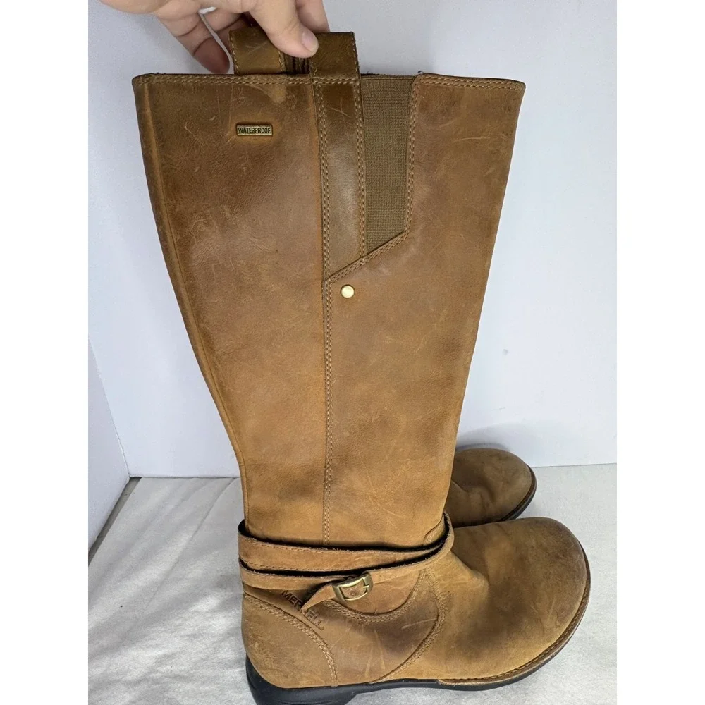 Merrell Knee High Boots Women's Size 9 Chestnut Waterproof Leather Tetra Strap